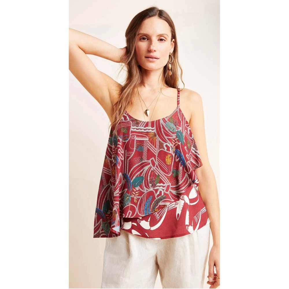 Anthropologie Farm Rio Benita Cami Layered Sleeveless Top Toucan Birds Ruffle XS